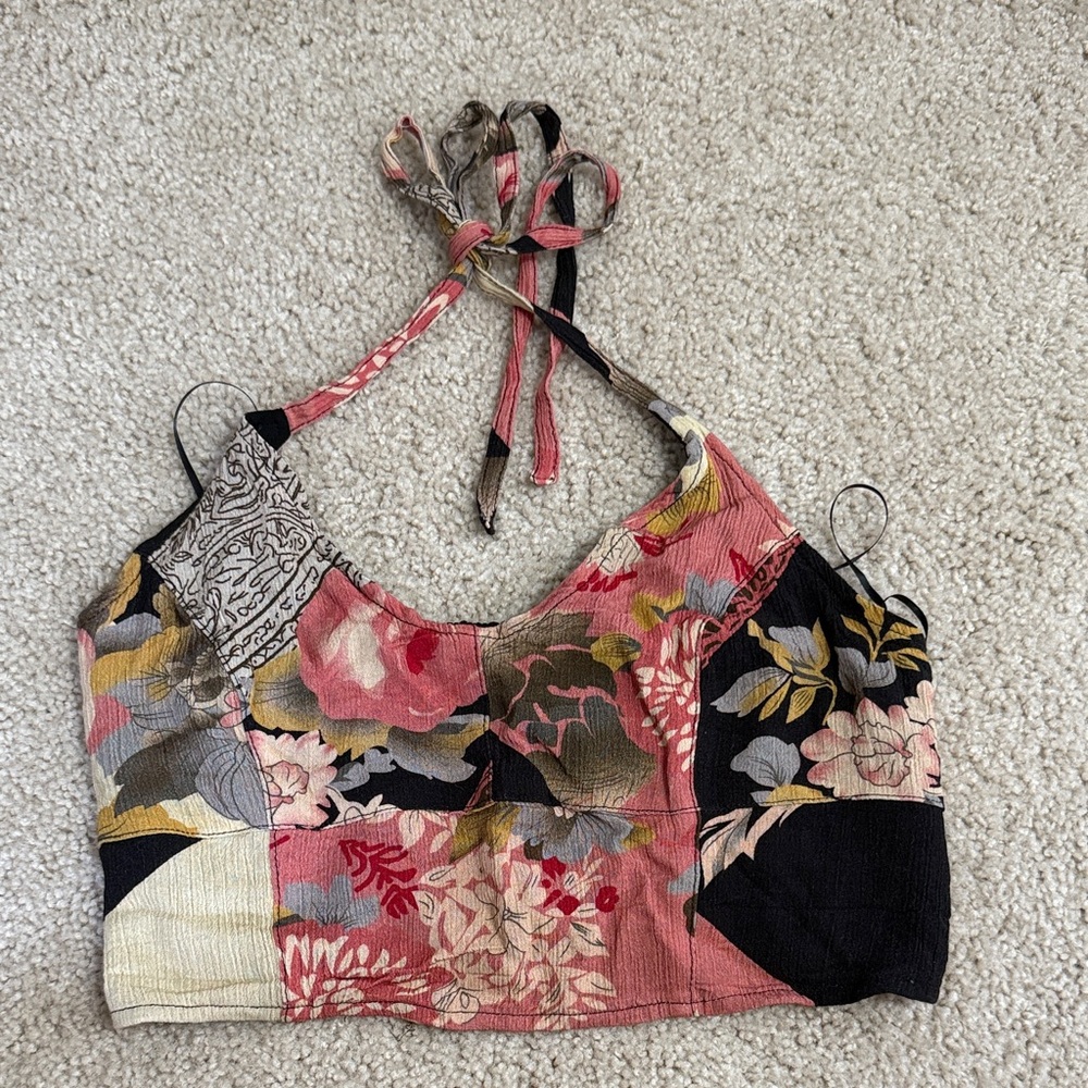 Free People Floral Patchwork Crop Top - Red, Pink, Black